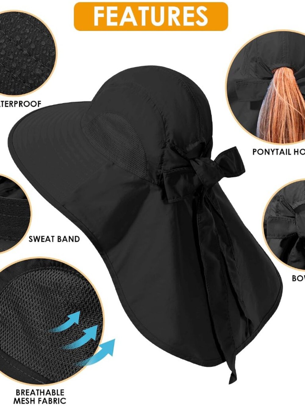Womens Sun Hat UV Protection, Foldable Waterproof Wide Brim Bucket Hats with Nec - Picture 6 of 7